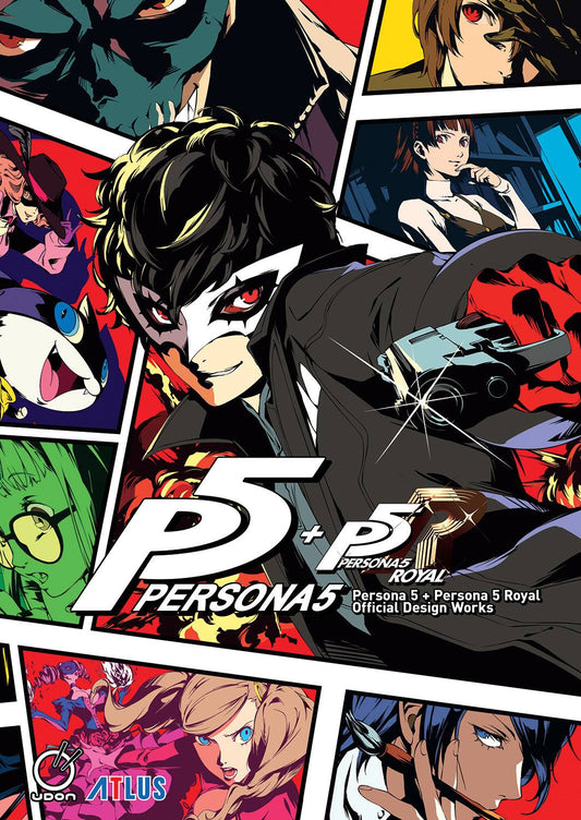 Cover of the book 'PERSONA 5 PERSONA 5 ROYAL OFFICIAL DESIGN WORKS' featuring an illustration of the character Joker from the video game Persona 5 Royal, surrounded by other characters and a vibrant, comic-style background.