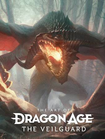 Cover art for 'The Art of Dragon Age: The Veilguard' featuring a fantasy creature with a fiery mane and detailed armor, set against a forest and misty background.