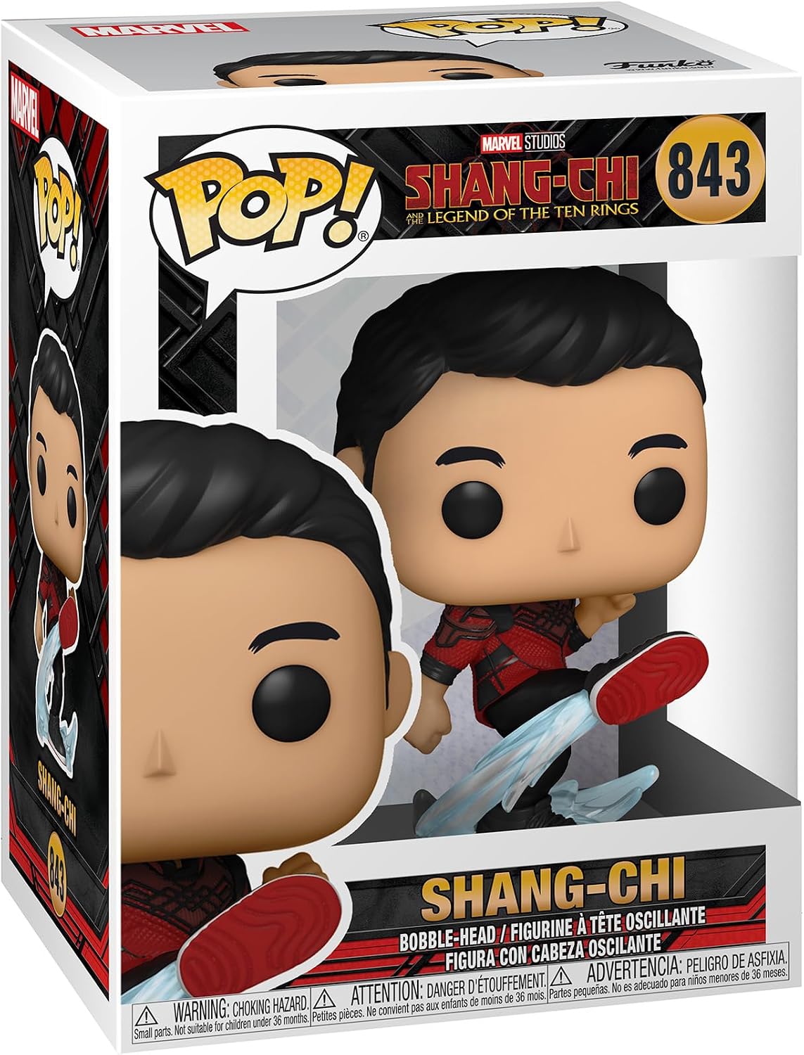 Funko Pop! Marvel Studios Shang-Chi figure in its original window box packaging, featuring a bobble-head style design with a large head and number 843.