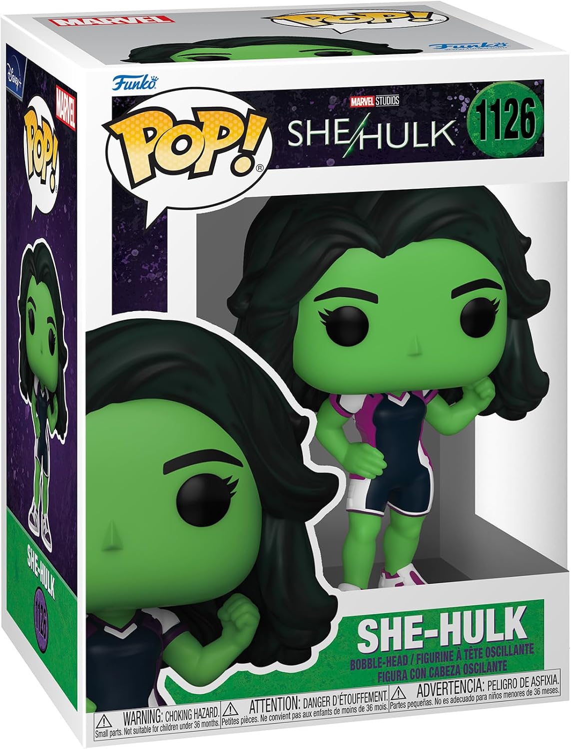 Funko Pop! Marvel Series She-Hulk vinyl figure in its original retail packaging, featuring the character with green skin, black hair, and a purple and white outfit.