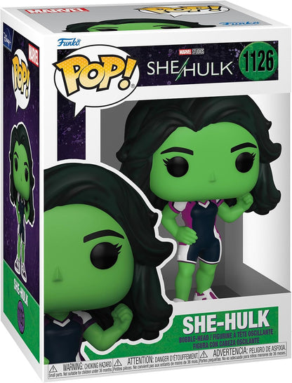 Funko Pop! Marvel Series She-Hulk vinyl figure in its original retail packaging, featuring the character with green skin, black hair, and a purple and white outfit.