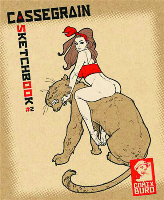 Vintage-style comic book cover for 'Cassegrain Sketchbook #2' featuring a retro illustration of a woman in a red bikini riding a leopard on a tan textured background, with a 'Comix Büro' logo in the bottom right corner.