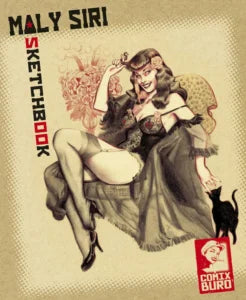 Front cover of the 'Maly Siri Sketchbook' featuring a vintage-style pin-up illustration of a woman in a dark dress reclining on a couch with a black cat, on a textured beige background with the 'Comix Buro' logo in the bottom right corner.