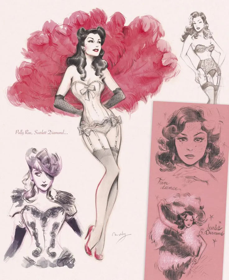A collage of vintage-style pin-up illustrations featuring a woman in lingerie and feathered hair accents, with a pink card showing additional sketches on a light background.