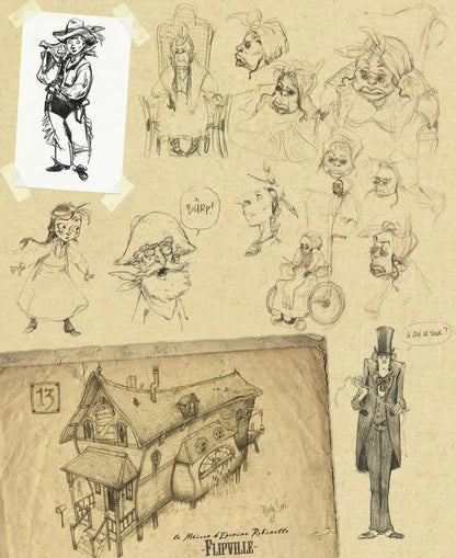 A collage of hand-drawn character sketches and an illustration of a house on aged beige paper, resembling concept art or storyboard artwork.