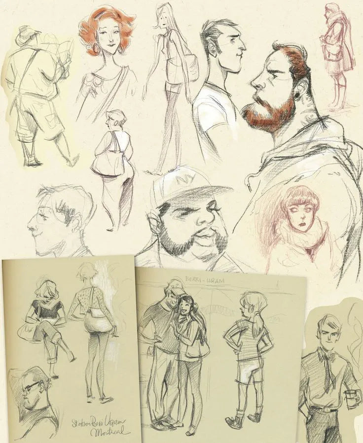 A collage of hand-drawn character sketches and concept art on aged cream paper, including multiple figure studies, face profiles, and full-body poses in pencil, gray line work, and muted red and orange hair accents.