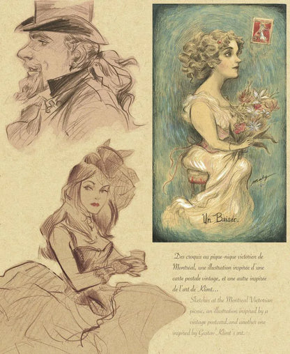 Vintage-style art print featuring two sepia pencil sketches of a woman and a painted illustration of a woman in a white dress holding flowers, with French text on a beige background.