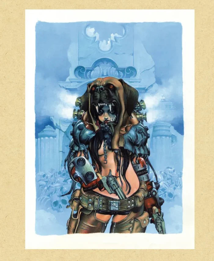 A square art print or illustration featuring a stylized fantasy character with a dog-like head, metallic armor, and a futuristic blue architectural background, centered on a light beige textured surface.