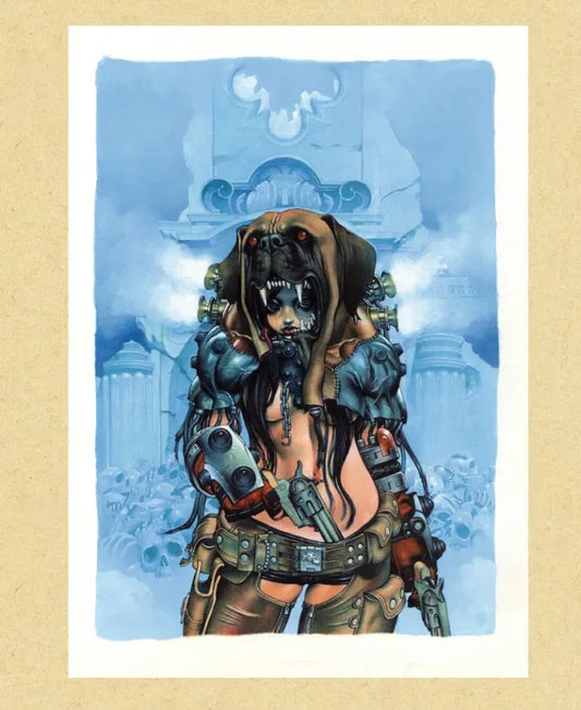 A square art print or illustration featuring a stylized fantasy character with a dog-like head, metallic armor, and a futuristic blue architectural background, centered on a light beige textured surface.