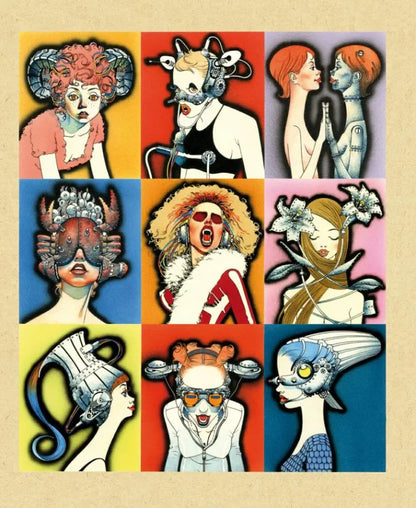 A 3x3 grid of stylized illustrated portraits of women with surreal, cybernetic, and animal-inspired features, set on a beige textured background.