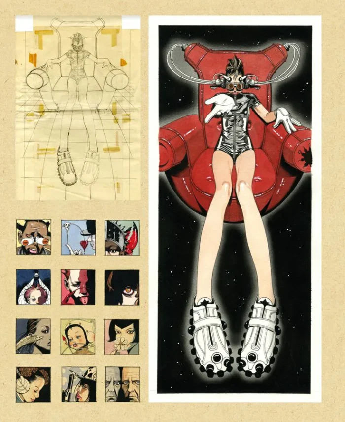 A concept art sheet featuring an illustrated sci-fi character seated in a red chair against a black starry background, alongside a line drawing sketch and a grid of character face thumbnails on a beige paper-like surface.
