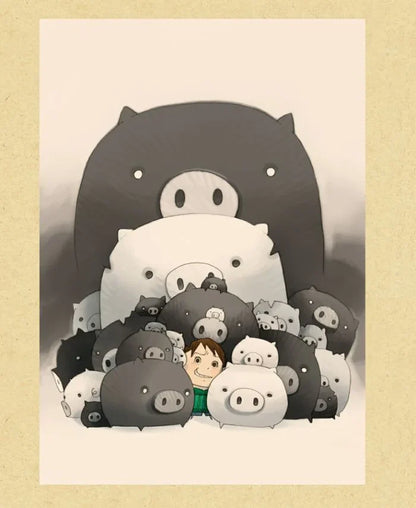 A stylized illustration of a large black pig standing behind a group of smaller gray and white pigs, with a small smiling child visible among them, set against a cream background with a beige border.