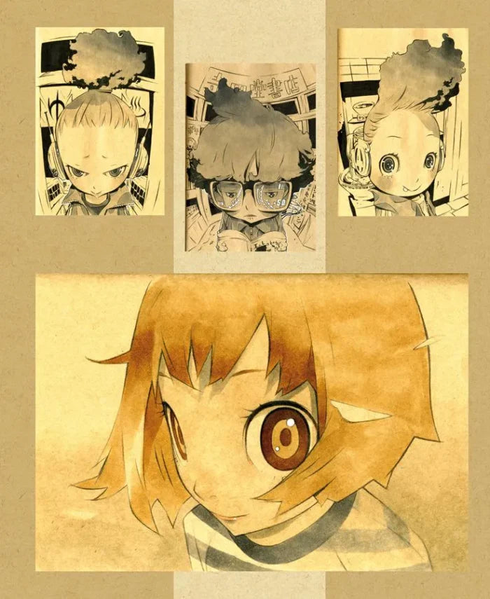 A collage of anime-style character illustrations printed on textured paper, arranged on a tan background. The set includes three smaller vertical panels at the top and one larger horizontal panel at the bottom, all showing a character with orange-brown hair and expressive eyes in sepia-toned artwork.