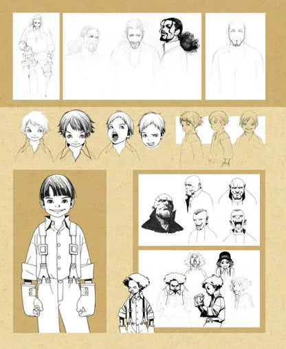 A character design sheet featuring black and white anime-style character sketches on a tan background, including full-body and head/face concept drawings.