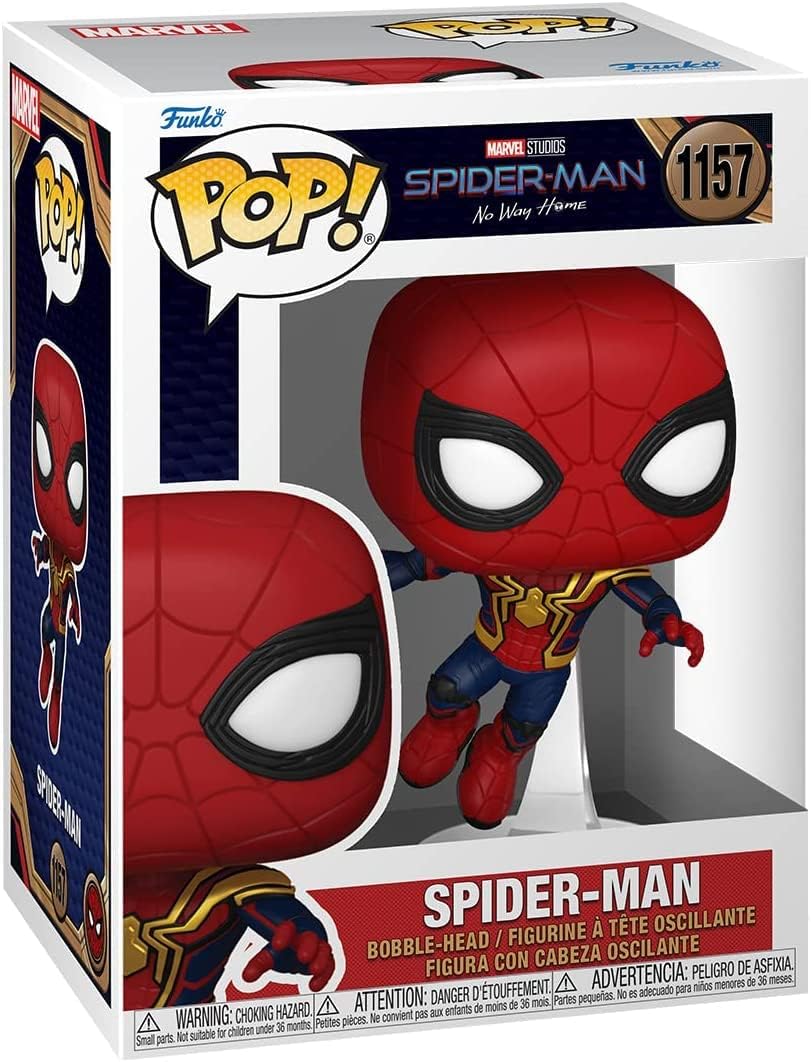 Funko Pop! Marvel Studios Spider-Man No Way Home vinyl figure in its original window box packaging, featuring the character in a red and blue suit with gold accents.