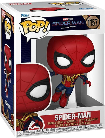 Funko Pop! Marvel Studios Spider-Man No Way Home vinyl figure in its original window box packaging, featuring the character in a red and blue suit with gold accents.