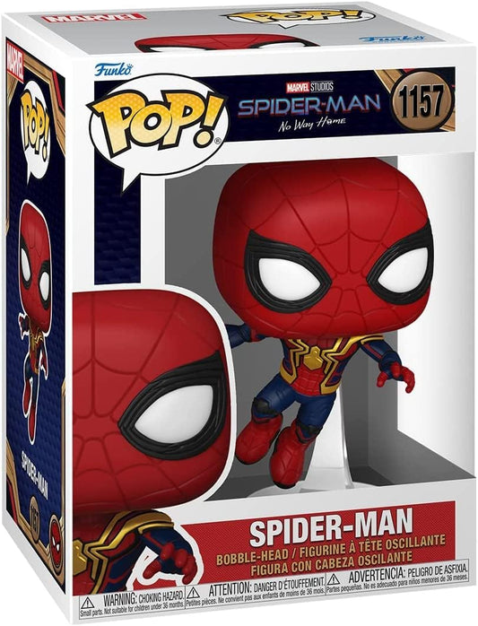 Funko Pop! Marvel Studios Spider-Man No Way Home vinyl figure in its original window box packaging, featuring the character in a red and blue suit with gold accents.