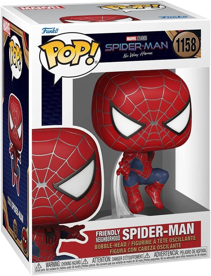 Funko Pop! Marvel Studios Spider-Man No Way Home figure number 1158, shown in its original retail packaging. The box features a clear window displaying the red and blue Spider-Man figure with a large white eye, alongside character graphics and branding.