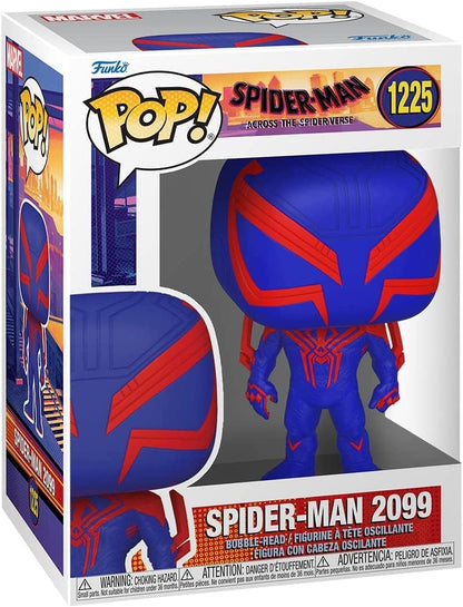 Funko Pop! Spider-Man 2099 vinyl figure in its original window box packaging, featuring a blue and red Spider-Man design.