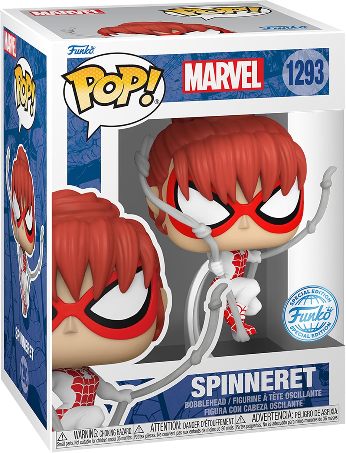 Funko Pop! Marvel Spider-Man 1293 Spinneret vinyl figure in its original window box packaging, featuring red hair, red and white web-patterned mask, and web tools.