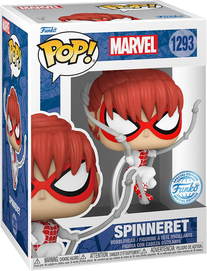Funko Pop! Marvel Spider-Man 1293 Spinneret vinyl figure in its original window box packaging, featuring red hair, red and white web-patterned mask, and web tools.