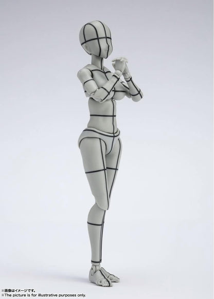 S.H.Figuarts Body-Chan gray wire-frame model standing with hands clasped near chest.
