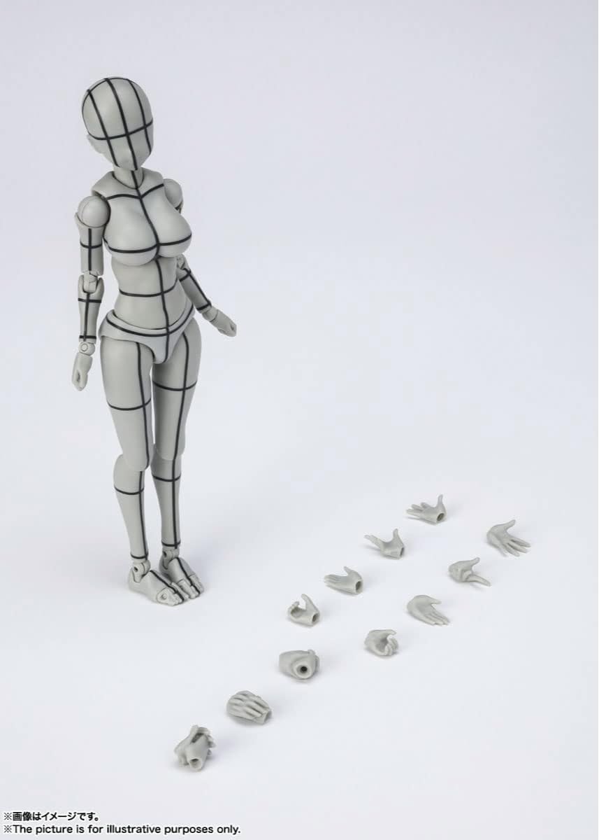 Complete set layout of TAMASHII NATIONS Body-Chan wire-frame figure with interchangeable hand parts displayed alongside.