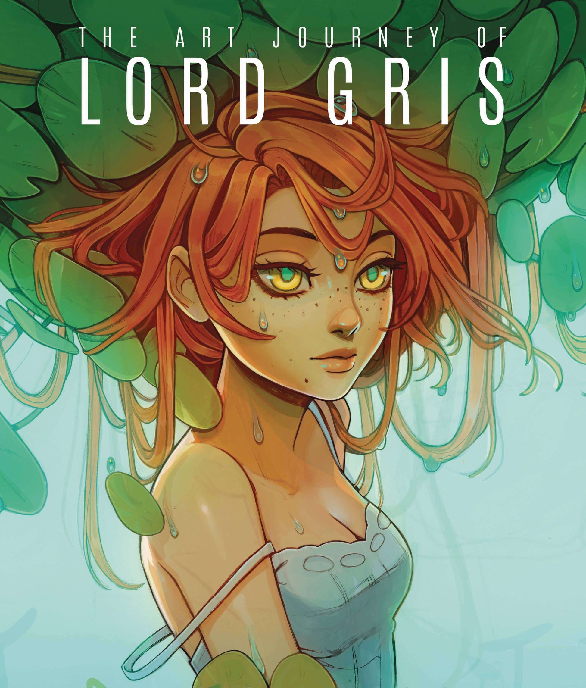 Illustrated cover art for 'The Art Journey of Lord Gris' featuring a stylized young woman with flowing orange hair, green leaf motifs, and a pale aqua dress against a soft light blue background.