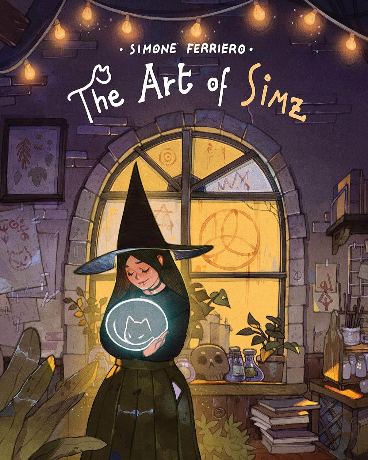 Cover of 'The Art of Simz' book featuring an illustration of a woman in a witch's outfit holding a cat, with a mystical symbol on the wall in the background.