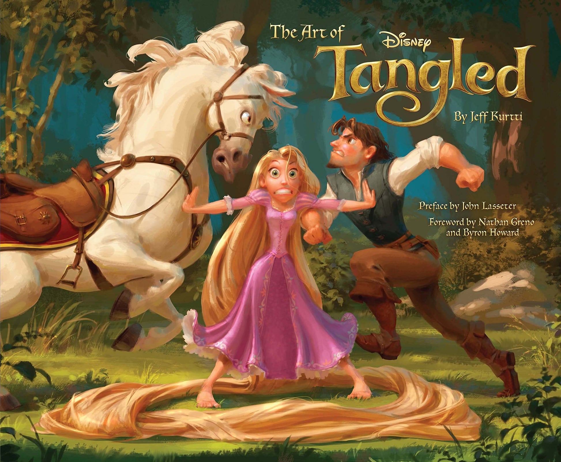 Book cover of 'The Art of Tangled' featuring Rapunzel, Flynn Rider, and Pascal.