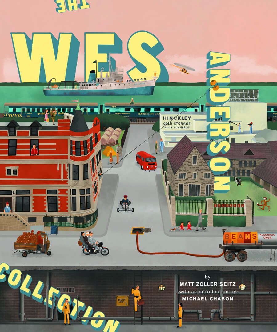 Cover of the book 'WES ANDERSON COLLECTION HC' featuring a colorful illustration of a town square with people, buildings, and a red car, reflecting the author's artistic style.