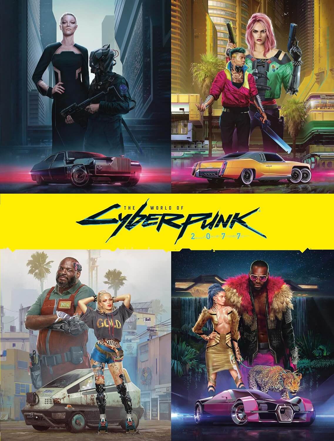 Collage of characters and vehicles from 'The World of Cyberpunk 2077' with a yellow banner displaying the game title.