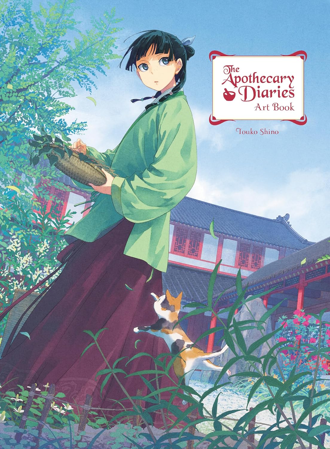Book cover of 'The Apothecary Diaries Art Book' with a character in traditional attire and a cat in a garden setting.