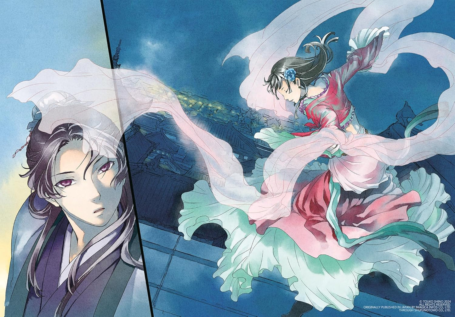 Two animated characters in traditional attire with a scenic background