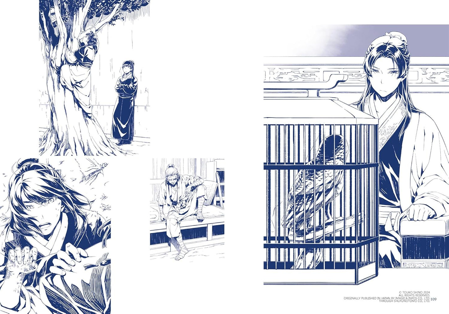 Illustrations of a woman with a bird in a cage and other scenes.