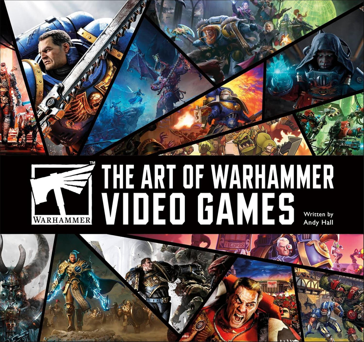 Front cover of 'The Art of Warhammer Video Games' book, featuring a collage of colorful Warhammer fantasy artwork panels surrounding a black central band with the title and Warhammer logo.