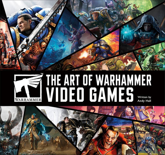 Front cover of 'The Art of Warhammer Video Games' book, featuring a collage of colorful Warhammer fantasy artwork panels surrounding a black central band with the title and Warhammer logo.