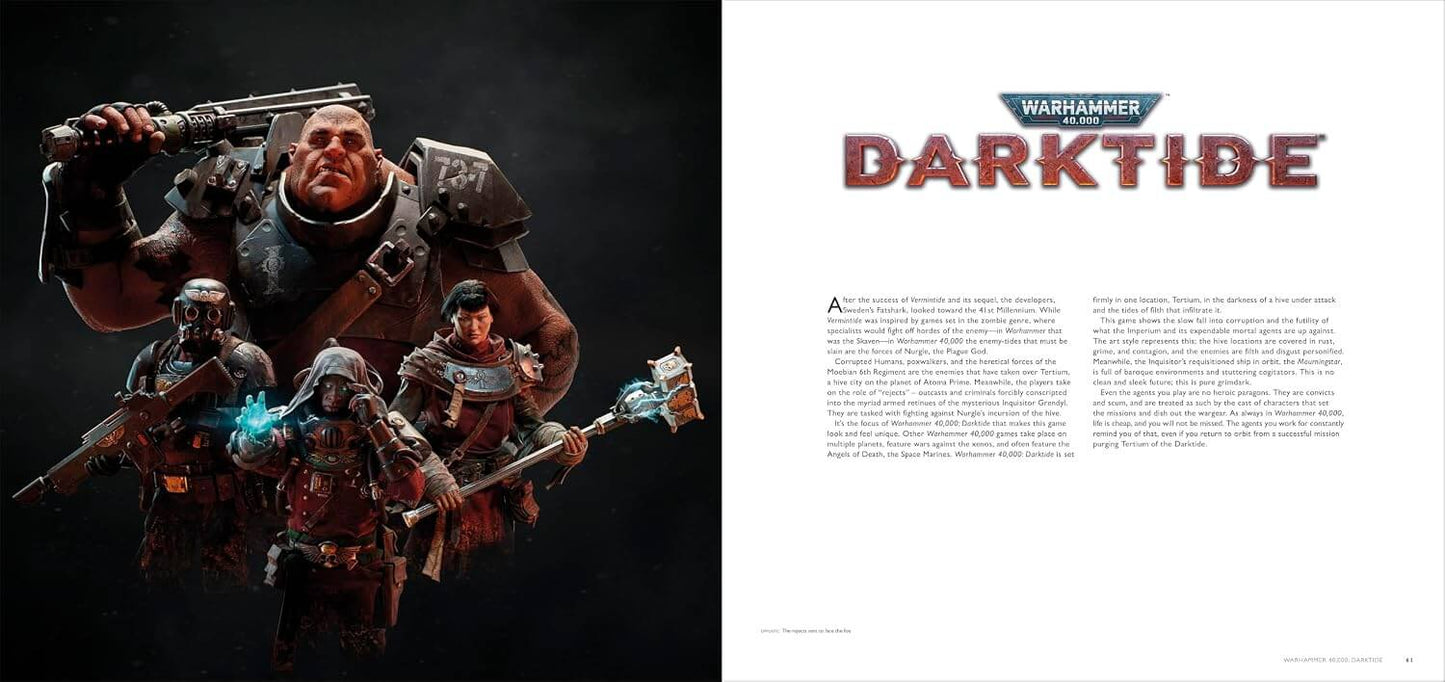 An open magazine or book spread showing a dark fantasy illustration on the left with multiple armored warriors and the title 'DARKTIME' at the top, and a white text page on the right with the Warhammer 40k logo and article text.