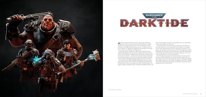 An open magazine or book spread showing a dark fantasy illustration on the left with multiple armored warriors and the title 'DARKTIME' at the top, and a white text page on the right with the Warhammer 40k logo and article text.