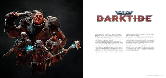 An open magazine or book spread showing a dark fantasy illustration on the left with multiple armored warriors and the title 'DARKTIME' at the top, and a white text page on the right with the Warhammer 40k logo and article text.