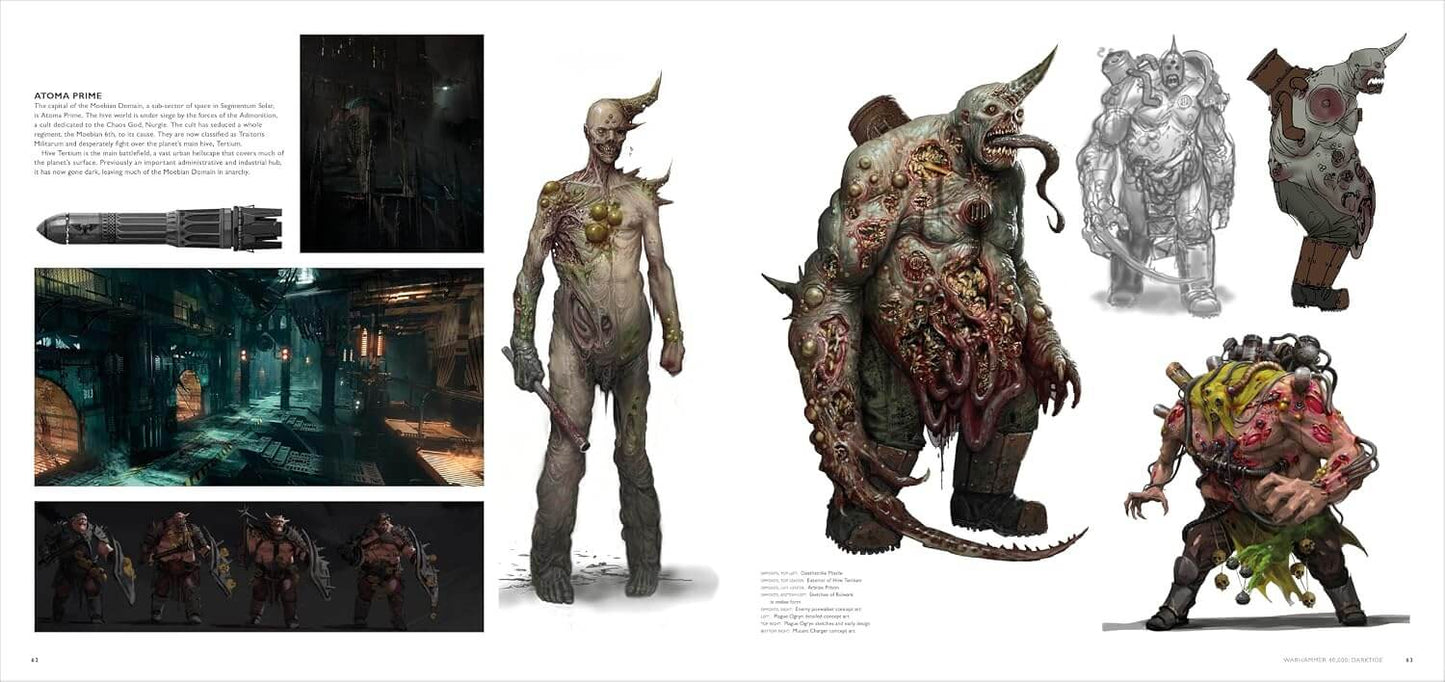 A concept art sheet featuring multiple illustrations of a grotesque, muscular monster with horns, exposed flesh, and a long tail, shown alongside environmental scene sketches and a weapon design on a white page.