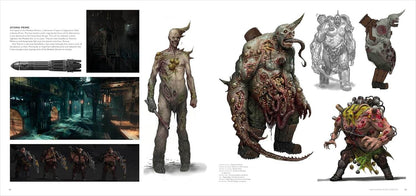 A concept art sheet featuring multiple illustrations of a grotesque, muscular monster with horns, exposed flesh, and a long tail, shown alongside environmental scene sketches and a weapon design on a white page.