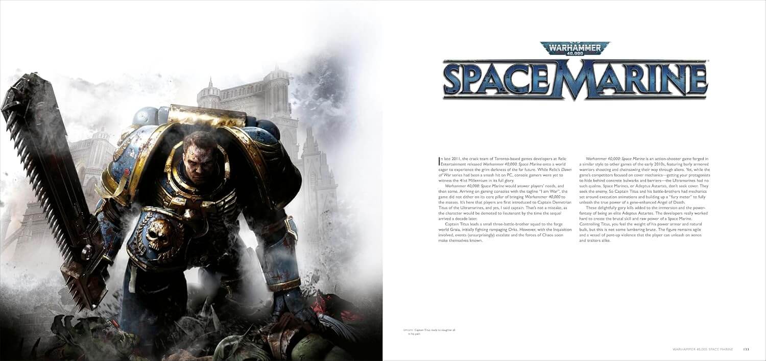A printed magazine or booklet spread featuring a large illustrated Space Marine warrior holding a chainsword on the left page and the title 'Space Marine' with body text on the right page.