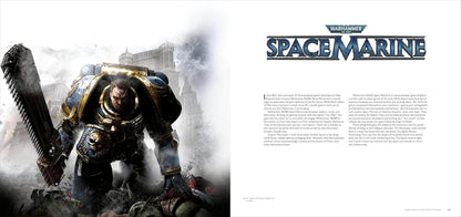 A printed magazine or booklet spread featuring a large illustrated Space Marine warrior holding a chainsword on the left page and the title 'Space Marine' with body text on the right page.