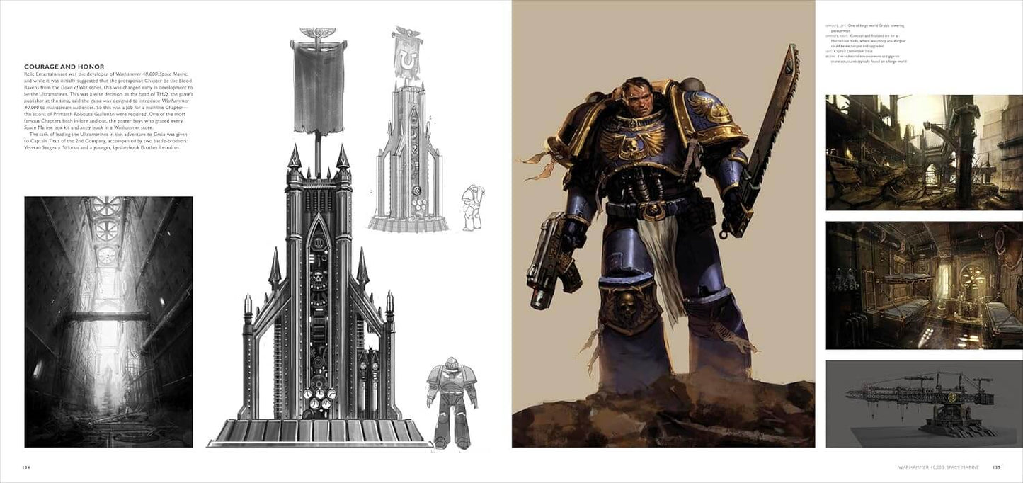 A printed art book or magazine spread featuring fantasy architecture and a heavily armored warrior character. The left page contains black-and-white architectural sketches and descriptive text, while the right page shows a full-color illustration of a warrior in dark blue and gold armor holding a sword, with smaller concept art panels around it.
