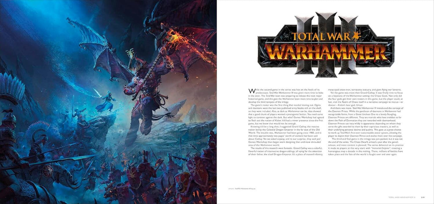 An open magazine or booklet spread showing a fantasy battle illustration on the left page and the 'Total War: Warhammer III' cover/title page on the right page.