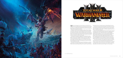 An open magazine or booklet spread showing a fantasy battle illustration on the left page and the 'Total War: Warhammer III' cover/title page on the right page.