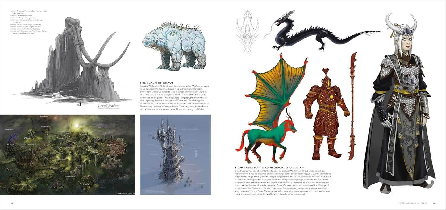 A two-page spread from a fantasy art book or concept design booklet, showing illustrated scenes and character concepts including a mammoth-like creature, a black dragon, a green and yellow winged beast, a red armored figure, and a horned warrior in dark plate armor.
