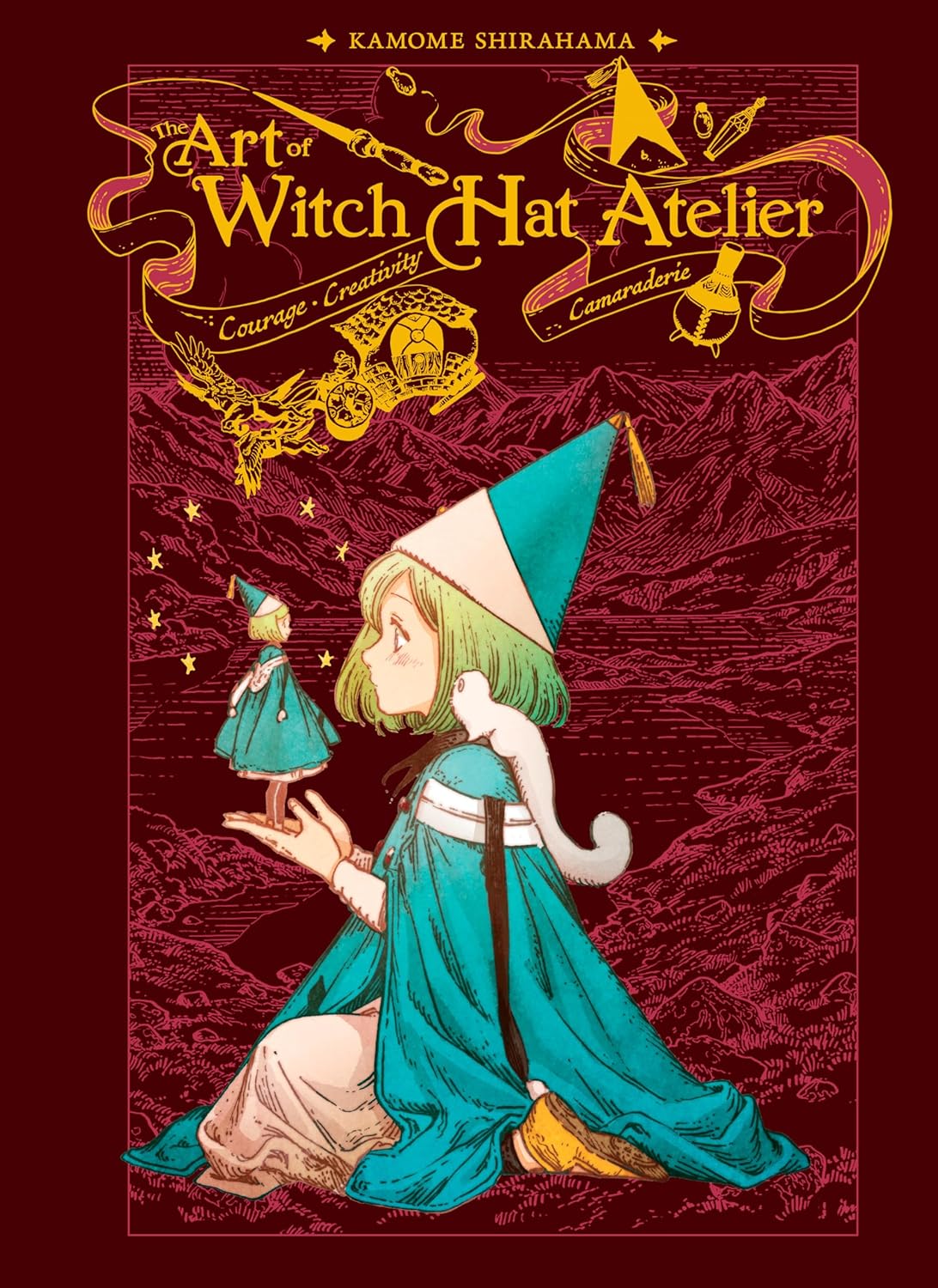 Book cover of 'The Art of Witch Hat Atelier' with a stylized illustration of a witch and a fairy on a red background.