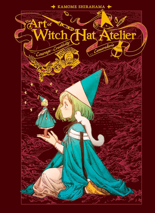 Book cover of 'The Art of Witch Hat Atelier' with a stylized illustration of a witch and a fairy on a red background.